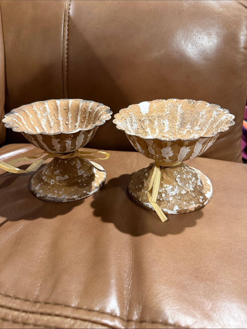 Rustic Scalloped Decorative Pedestal Bowls in Brown and White